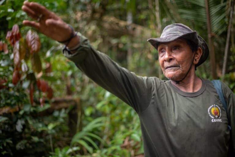 Durante caminata en el bosque, Aripã, uno de los ancianos Karipuna, apunta dónde fueron encontrados grileiros (acaparadores de tierras) y madereros por indígenas. Foto: Tiago Miotto/CIMI.