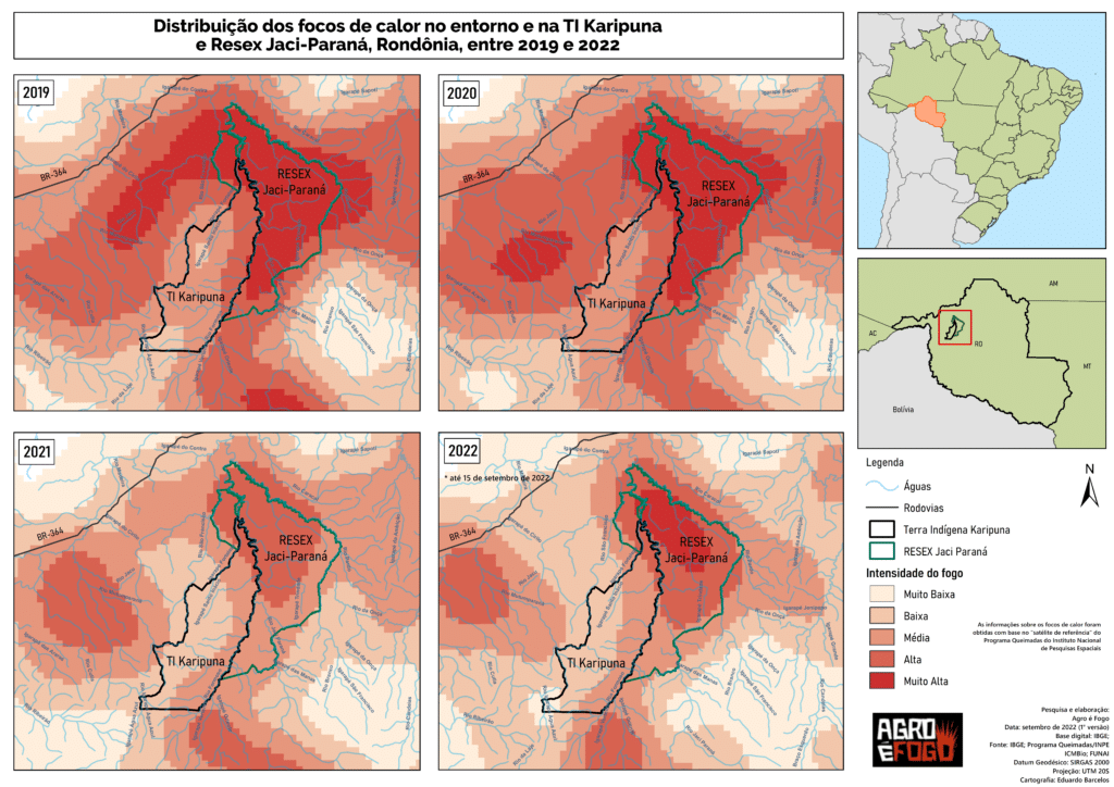 Distribución de los focos de calor en las cercanías y en la TI Karipuna y la RESEX Jaci Paraná, Rondônia, entre 2019 y 2022