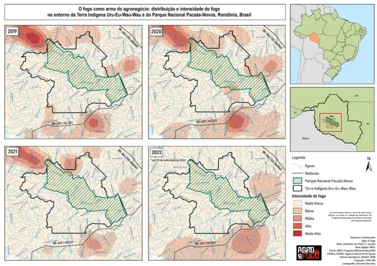 Distribuição e intensidade do fogo no entorno da Terra Indígena Uru- eu-wau-wau entre 2019 e 2022