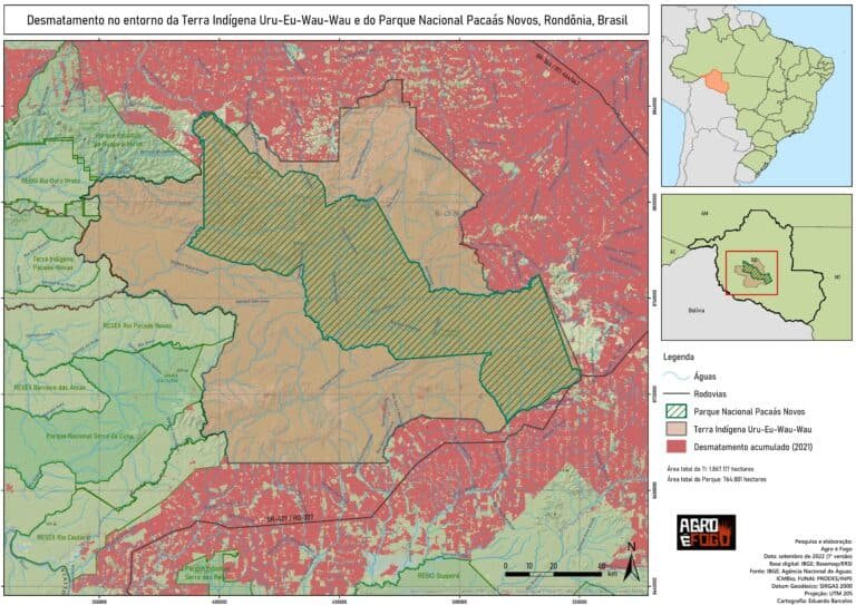 Desmatamento no entorno da Terra Indígena Uru- eu-wau-wau e do Parque Nacional Pacaás Novos, Rondônia, entre 2019 e 2022